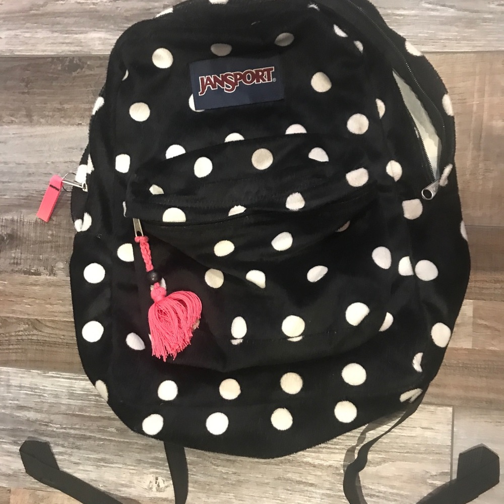 Jansport velvet polka dot black and white backpack
